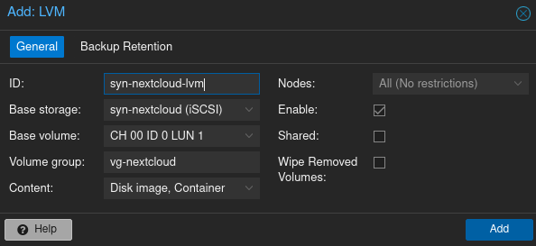 Creating the LVM storage pool in Proxmox