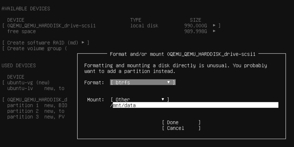 Formatting the data disk in the Ubuntu installer