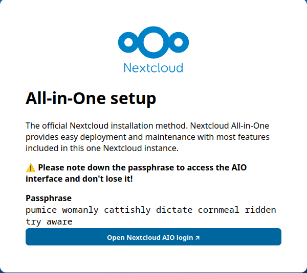 Nextcloud AIO initial setup screen