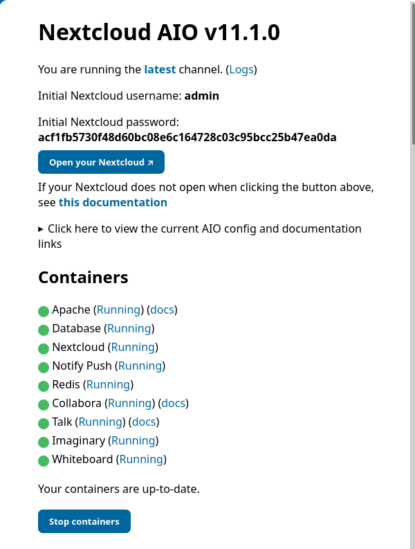 Nextcloud AIO setup finished with initial password