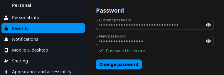 Changing the admin password in Nextcloud settings